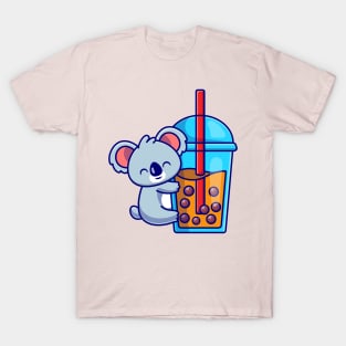 Cute Koala Hug Boba Milk Tea Cup Cartoon T-Shirt